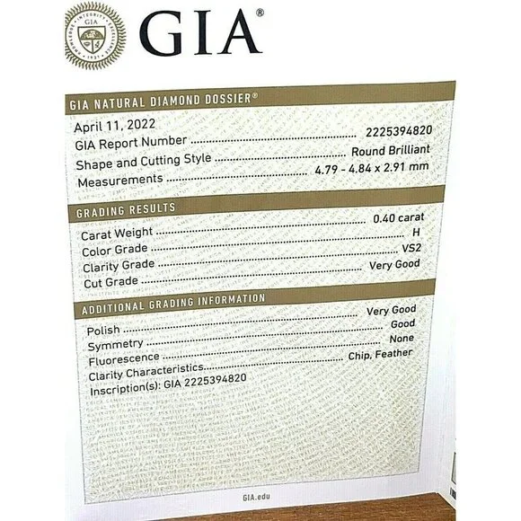 GIA Certified Loose Diamond 0.40ct H VS2 Round Brilliant For an Engageme…